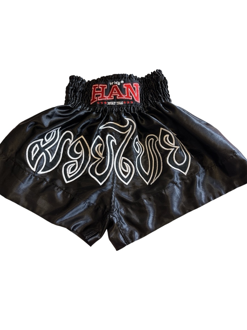 HAN Muay Thai Satin Fight Shorts Black Embroidered Size Small mens